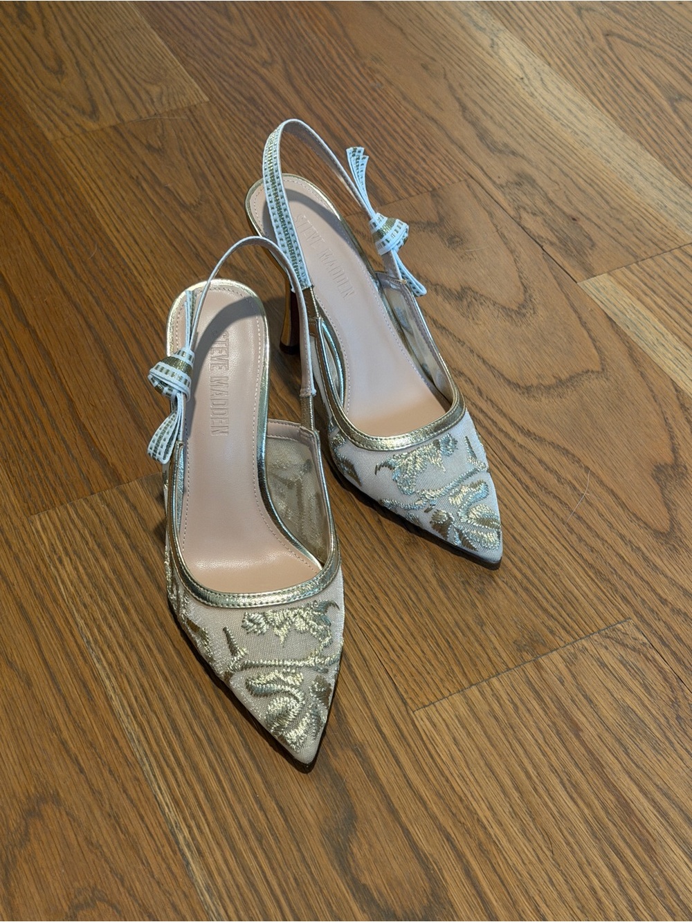 Steve Madden Gold and Cream Embroidered Pointed Slingback Heels - Picture 4 of 5